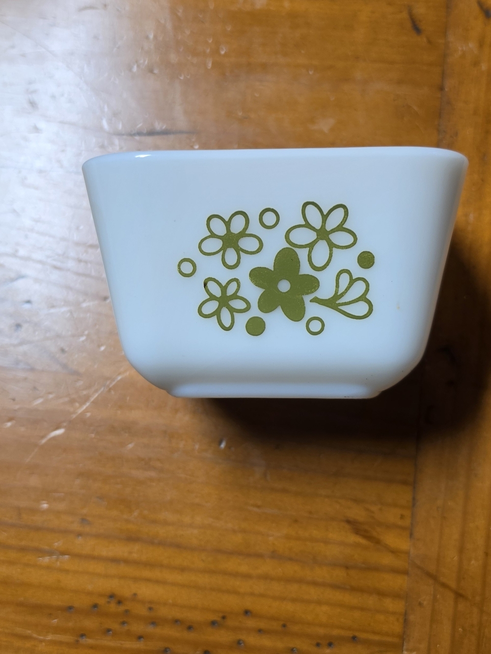 Pyrex White Bowl with Olive Green Floral Pattern